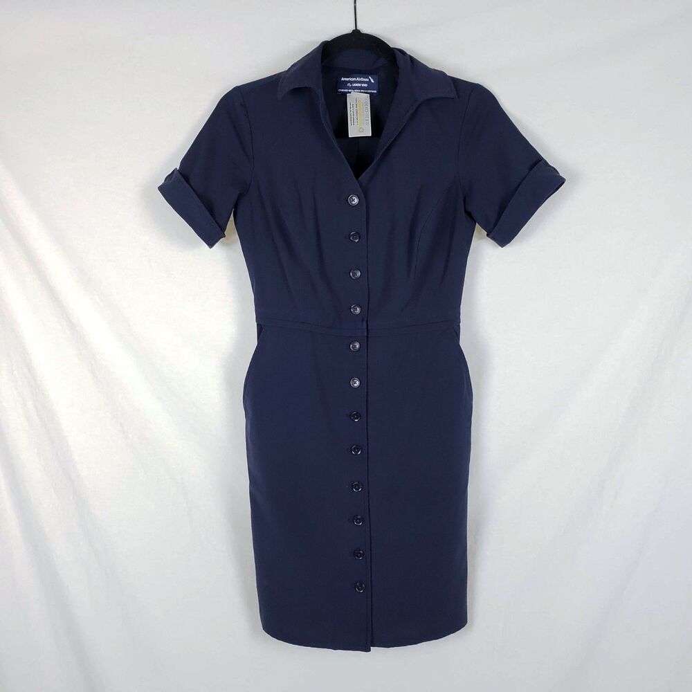 American Airlines Land's End Uniform Dress Womens 00 Petite Blue Oeko-Tex